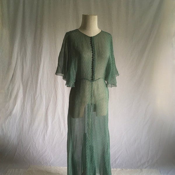 vintage 30s green chiffon dress angel wing full length sheer green white print evening gown 1930s womens fashion