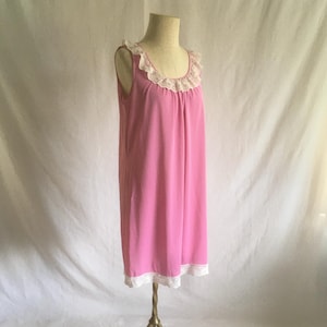 vintage 60s 70s pink nylon lingerie lace baby doll nightie slip dress nighgown made in usa