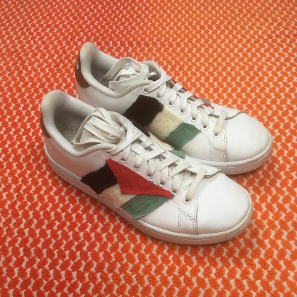 vintage patchwork hand sewn flag sneakers palestine flag womens size 8 ooak custom adidas cloudfoam recycled materials