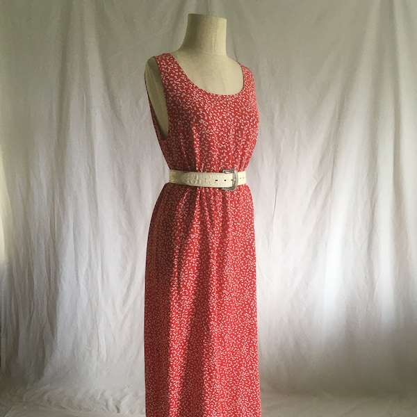 vintage 90s carol anderson petites pullover sleeveless red white floral print maxi shift slip dress 1990s country grunge style