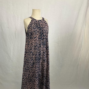 vintage 90s noa noa halter tent dress maxi batik key hole back rayon indonesia blue pink abstract pattern jacquard 1990s tropical island