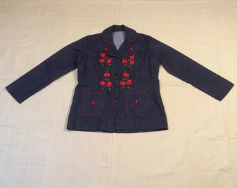 vintage 70s handmade dark wash denim embroidered floral blazer jean jacket