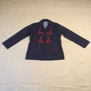 vintage 70s handmade dark wash denim embroidered floral blazer jean jacket image 1