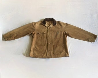 vintage 60s carhartt detroit tin duck canvas corduroy collar button up unlined work chore jacket 1960s ugwa tag label union made in usa