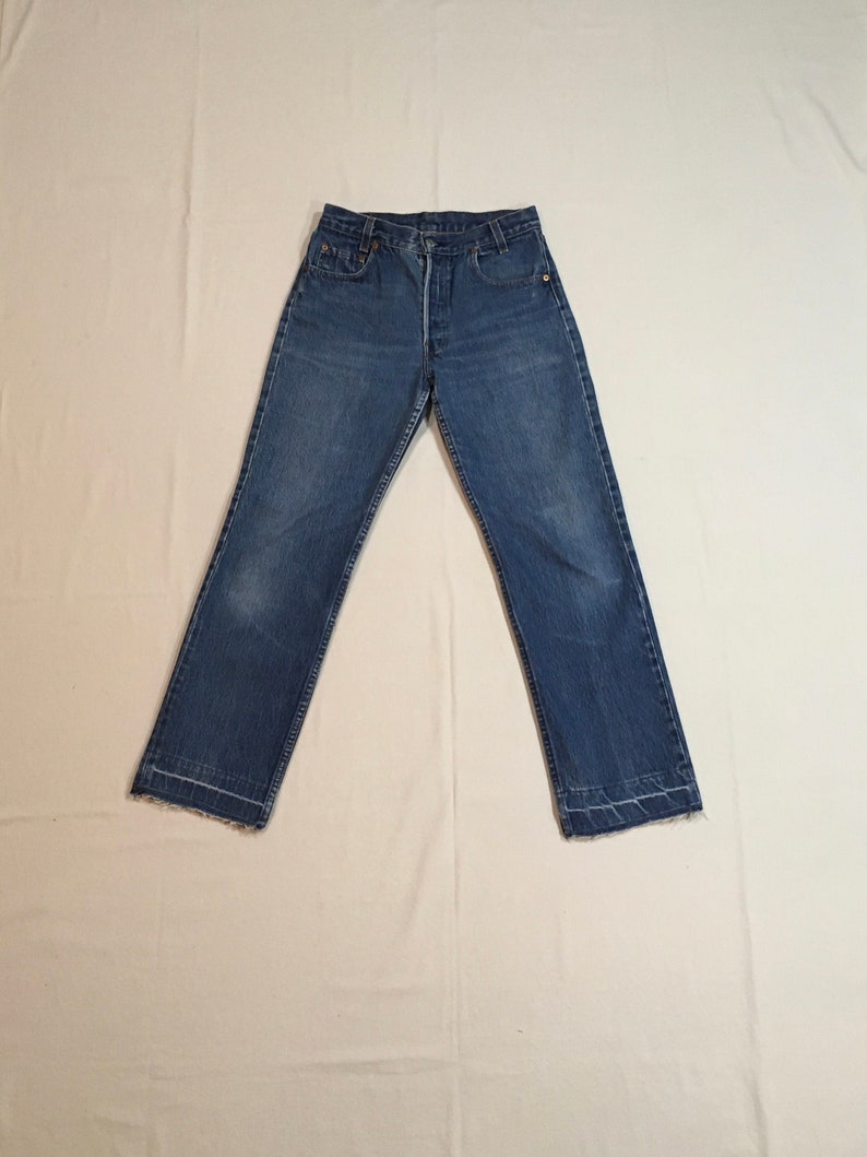Vintage levis 701 0117 made in usa button fly blue jeans raw hem 29 x 27 shops 1/2