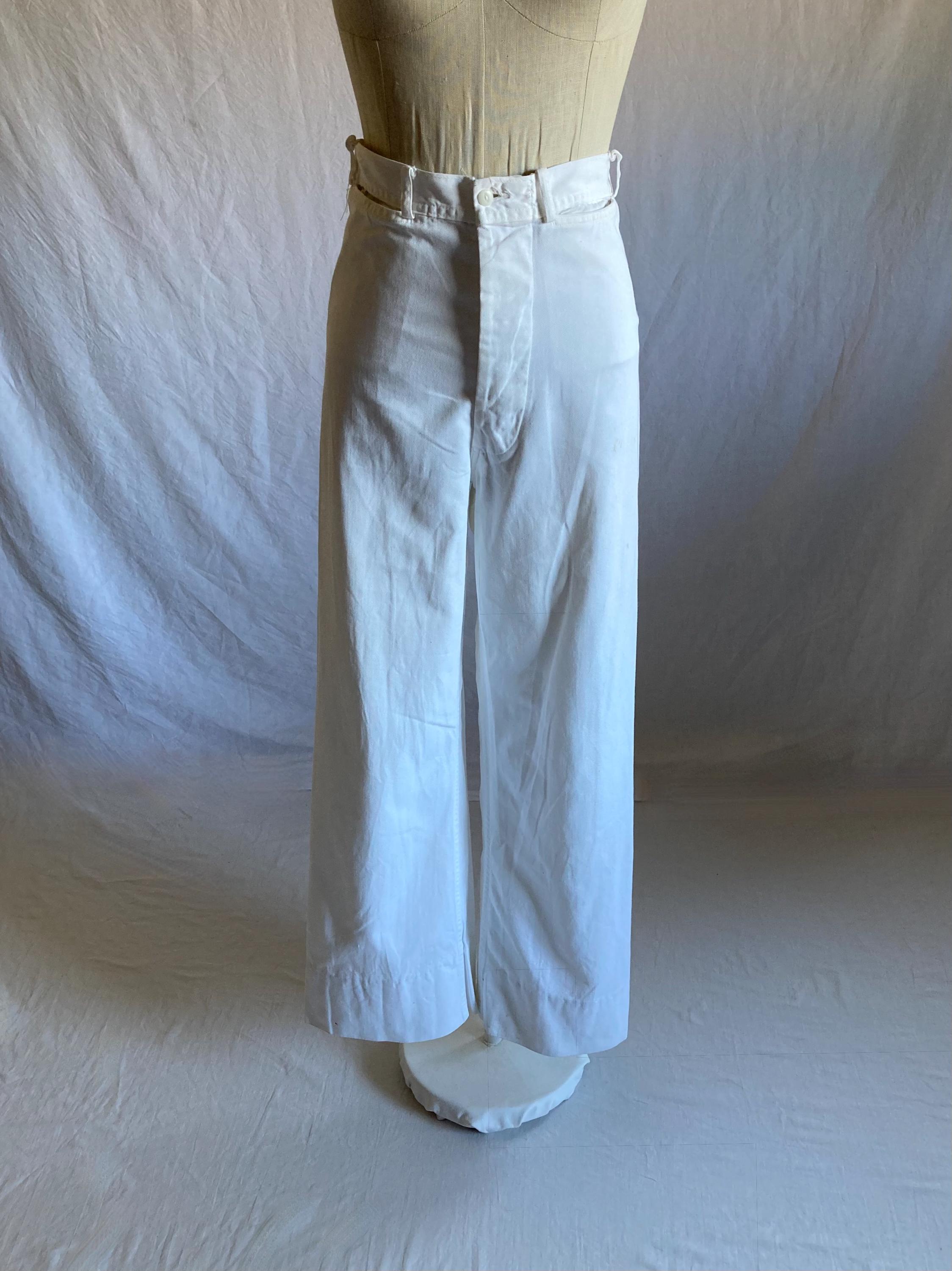 Vintage 40s Wwii Usn White Cotton Pants Button Fly Wide Leg Sailor