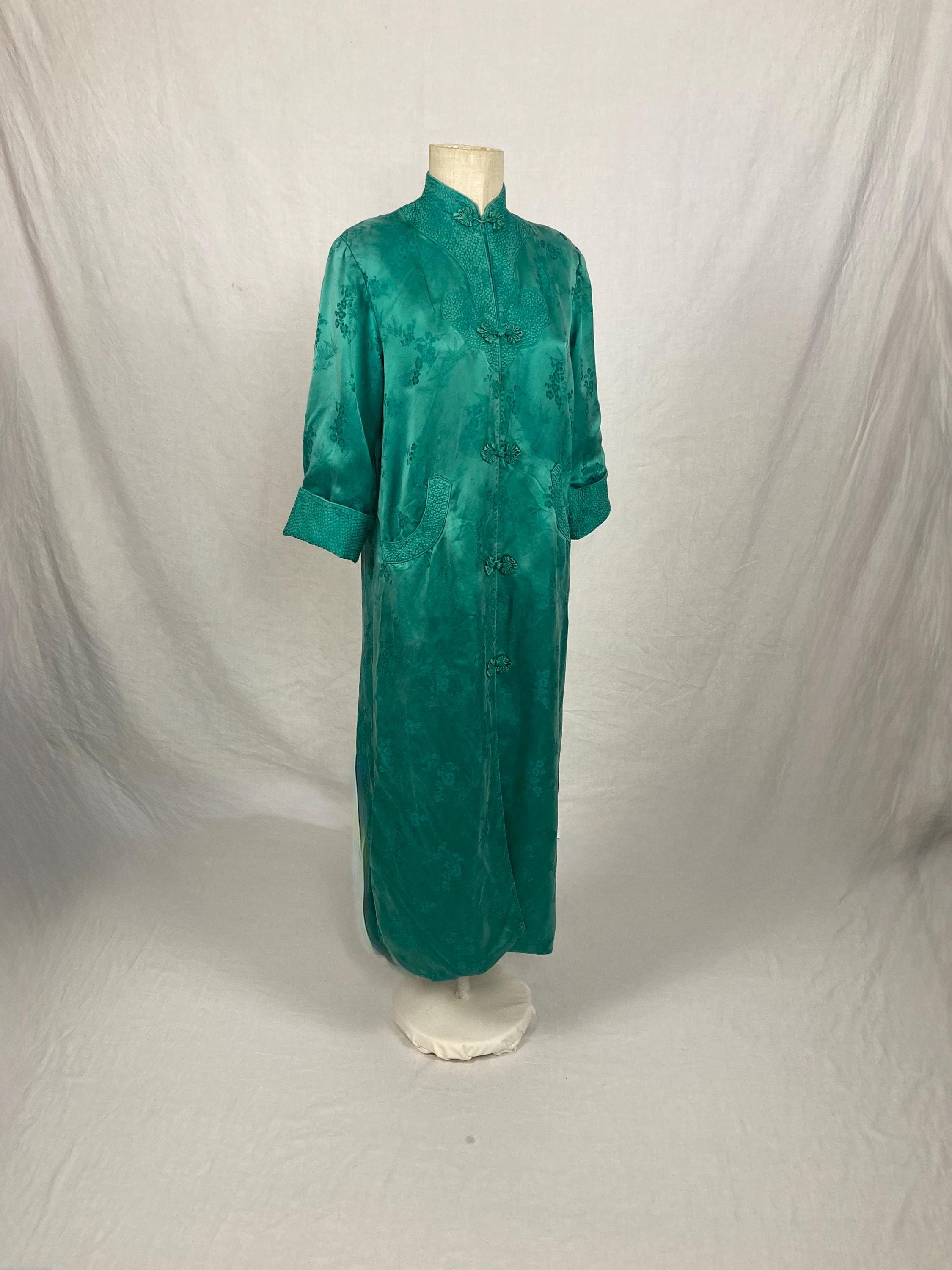 Vintage 60s Silver Lake Green Satin Chinese Kimono Robe Dress Frog