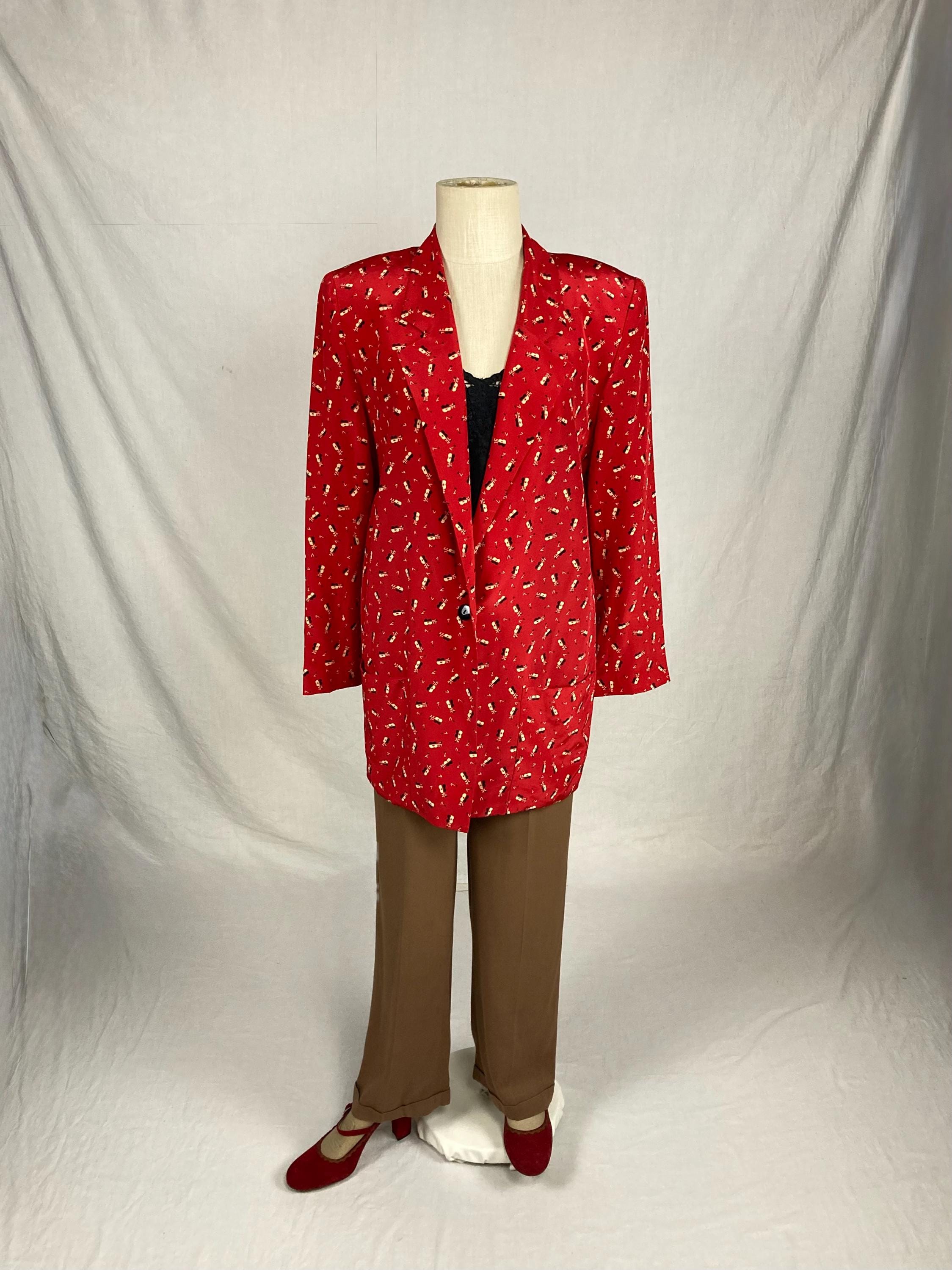 Vintage 80s Silk Blazer Guitar Print Liz Claiborne Red Jacket