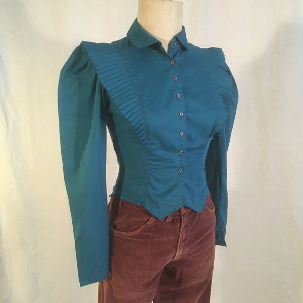 vintage 80s byer california teal blue puff sleeve fan pleat shoulder ruffle long sleeve button up collar blouse early 1980s womens fashion