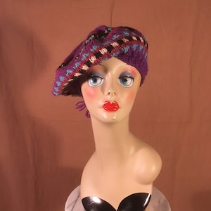 vintage handknit purple red blue black pink beret winter knit hat ooak hippie boho bohemian cold weather head warmer chic