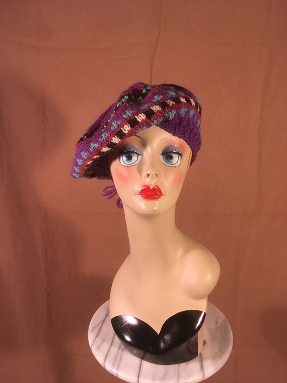 vintage handknit purple red blue black pink beret… - image 1