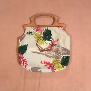 vintage 40s barkcloth wooden handle knitting bag sewers purse yarn satchel