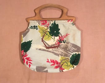 vintage 40s barkcloth wooden handle knitting bag sewers purse yarn satchel