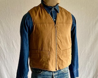 vintage 80s trusafe brown duck canvas vest sherpa lined L utility work wear hunting waistcoat made in usa tin tan