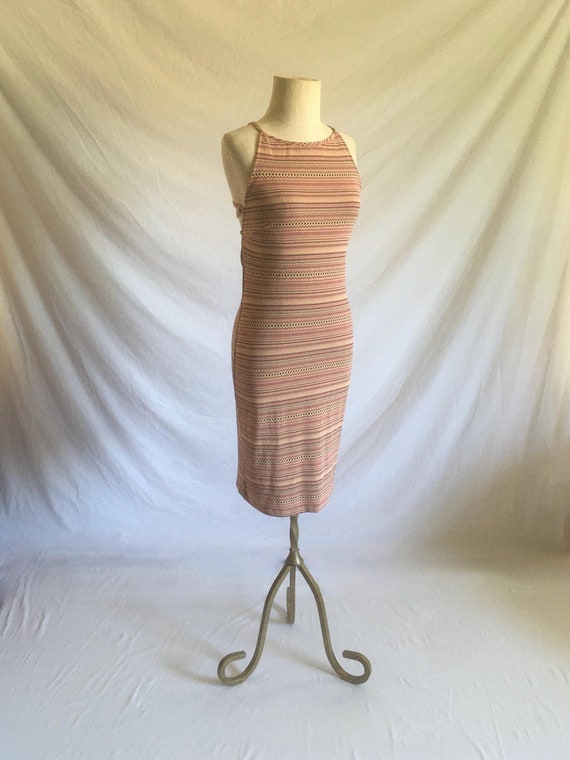 vintage 90s jersey cross back strappy summer Sun dress zig zag striped pattern alyn paige made in usa 1990s style plunge back halter neck