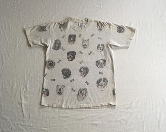 vintage 90s dogs all over print t shirt relevant products heather grey cotton tee painted lady 1995 ss dog faces animal lovers dogbones
