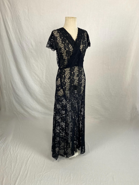 vintage 30s black lace dress cross body dress see through handmade witchy goth goddess gown