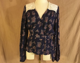 vintage 70s India Imports Of Rhode Island blue Rayon floral grape print wrap peplum crossbody tie waist blouse