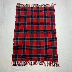 vintage 60s pendleton woolen mills pure virgin wool red plaid throw blanket fringe hem made in usa