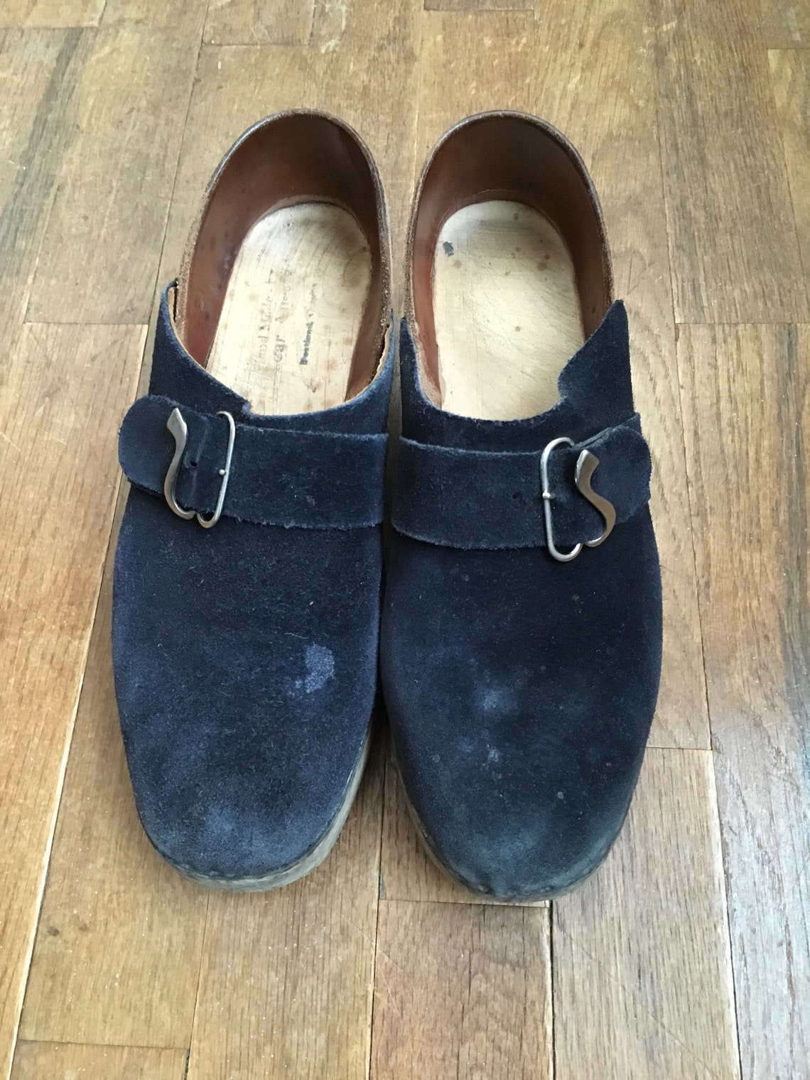 blue suede clogs