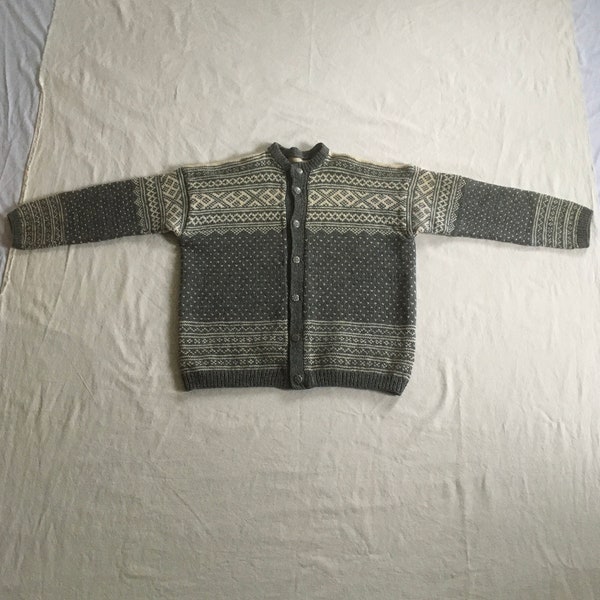 vintage hand knit fair isle sweater grey wool cardigan button up nordic knit jumper fisherman classic winter wear