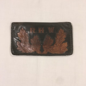 vintage 70s mano tooled leather leaf monogram RHW long bifold check biker wallet 1970s ooak custom made