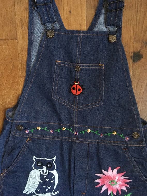 vintage 70s bib overalls hand embroidered animals… - image 4