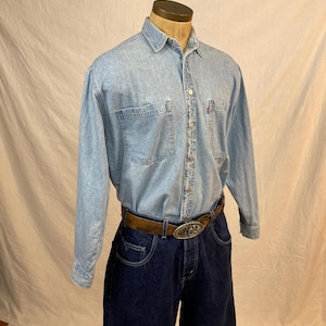 vintage 90s levis red tab blue jean shirt silver tab button up denim oxford western light wash yoke hem 1990s fashion