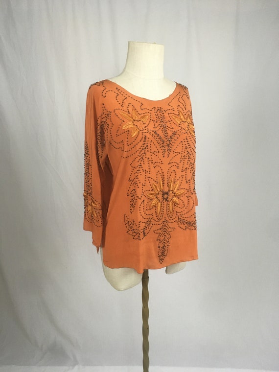 vintage 20s orange silk steel cut beaded blouse - image 1