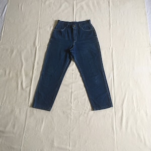 vintage handmade womens high waist zip fly tapered leg white stitch denim rockabilly blue jeans