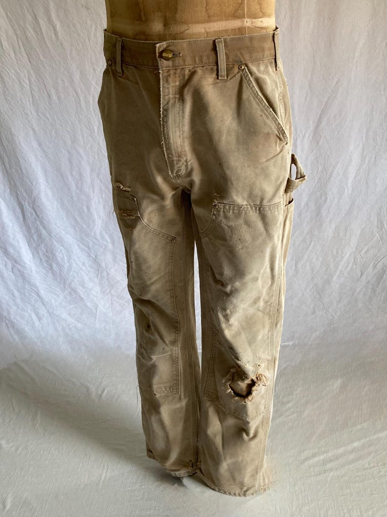 vintage carhartt B01 pants 30 x 32 brown double knee work wear distressed worn in image 10