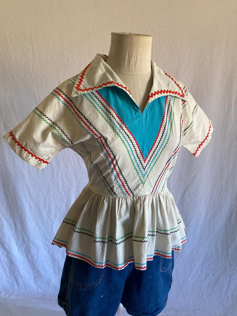 vintage 40s handmade blouse side zip peplum fiesta western rockabilly polka ric rac image 2