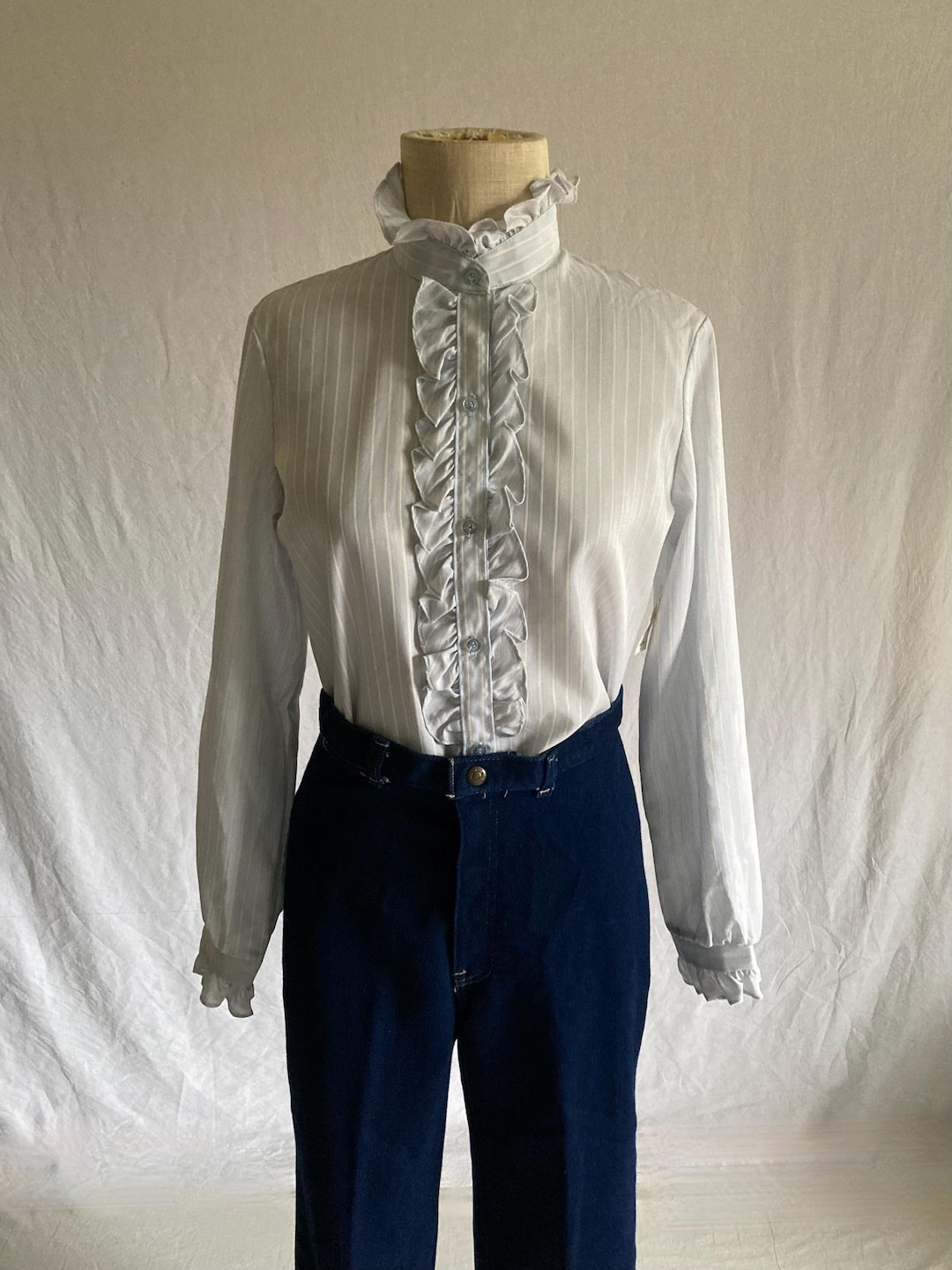 Vintage 80s Ruffled Blouse Button up Dress Shirt Blue Striped Nos Time ...