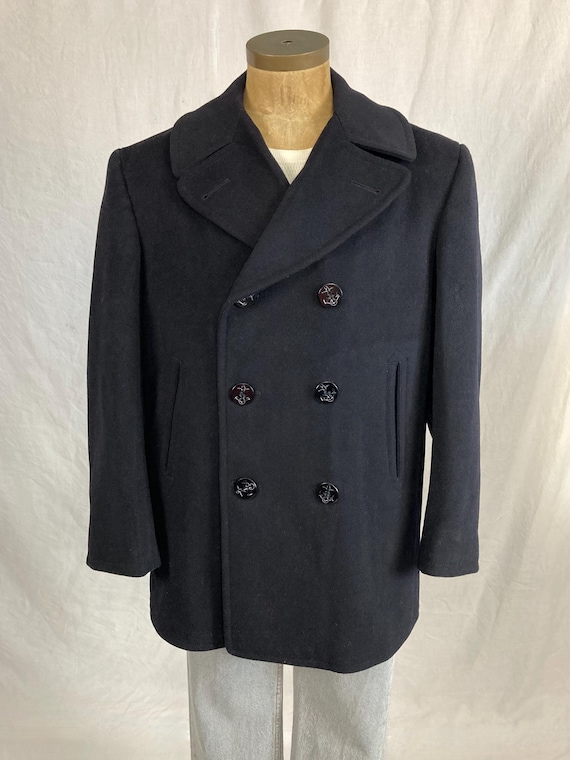 Vintage 70s Mans Wool Kersey Blue Wool Peacoat Sailor Overcoat