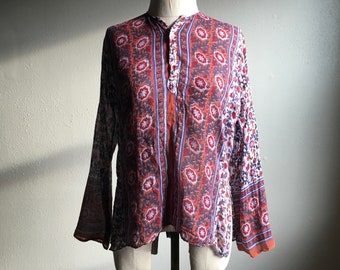 vintage 70s indian cotton gauze blouse tapestry pattern block dye shirt made in india