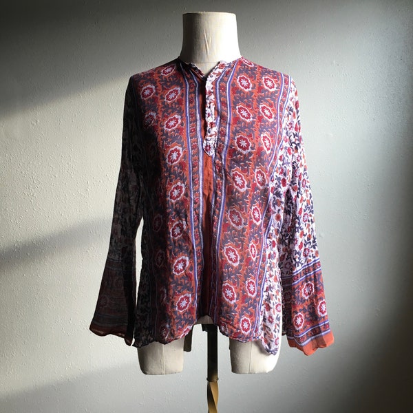 vintage 70s indian cotton gauze blouse tapestry pattern block dye shirt made in india