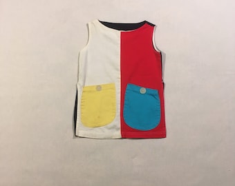 vintage 60s stones wear cotton color block sleeveless boat neck blouse mod twiggy shirt summer top w/ pockets