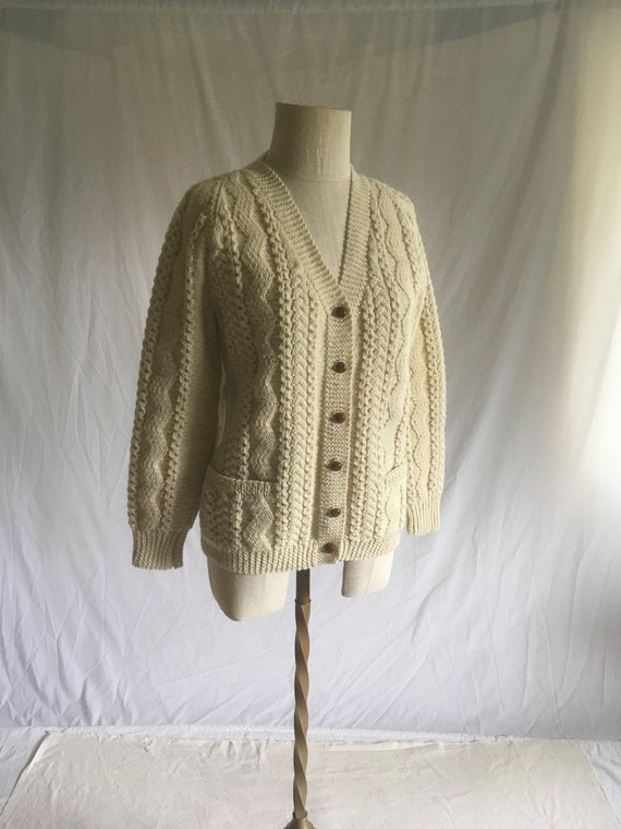 vintage 80s cable knit natural white wool cardigan