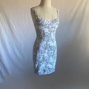 vintage guess floral fitted bodice lace back bustier sun dress bodycon side zip wiggle mini dress guess jeans