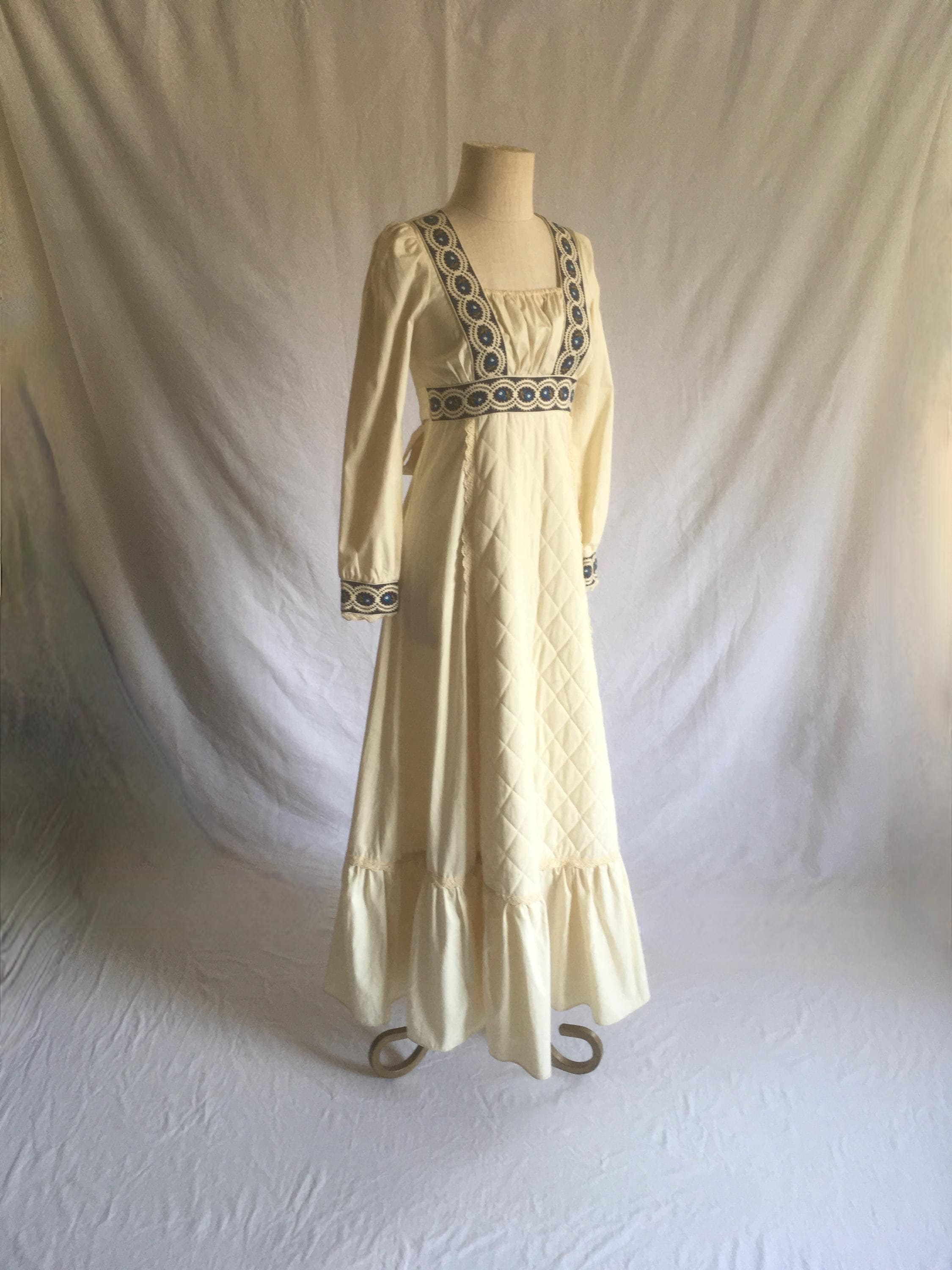 Vintage 70S Gunne Sax By Jessica Maxi Dress Empire Waist Quilted Ruffle Skirt Bodice Square Neck Tie Back Lady Renaissance Hippie Boho 1970S