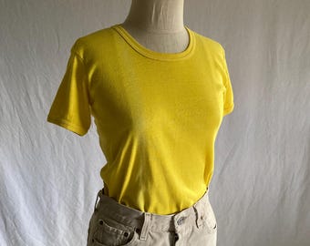 vintage 70s yellow t shirt scoop neck ringer tee xs hippie boho
