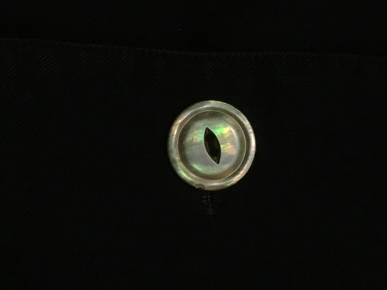May include: A close-up of a single, round, iridescent button with a small, oval-shaped hole in the center. The button is a light, pearly white color with hints of green and blue.