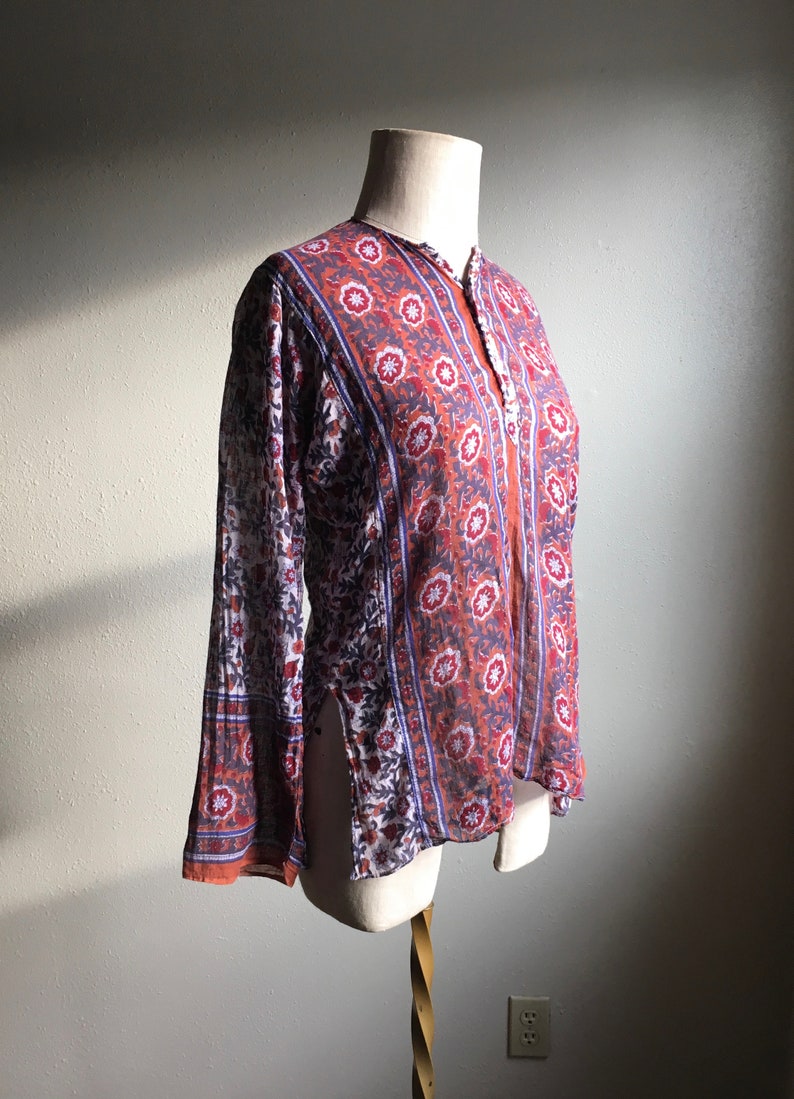 Vintage 70s Indian Cotton Gauze Blouse Tapestry Pattern Block Etsy