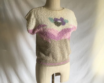 vintage 80s worthington petite ramie cotton knit pullover sleeveless sweater beige floral pastel preppy style 1980s made in taiwan