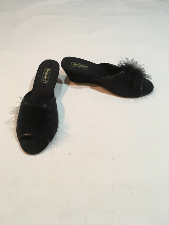 vintage 70s fuzzy sleepers mules black marabou sty