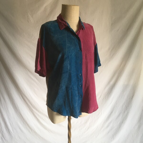 vintage 90s alexander campbell chalky creased rayon color block button up short sleeve baggy blouse made in usa 1990s fashion