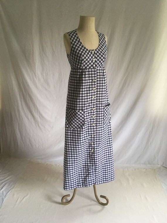 vintage 70s barclay square blue white gingham maxi