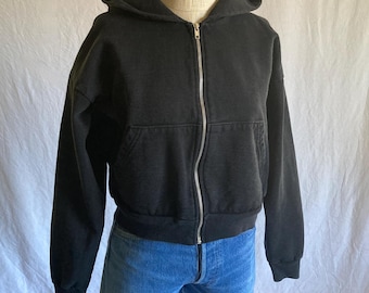vintage los angeles apparel zip up cropped boxy hoodie heavy fleece black 14 oz black cotton s m
