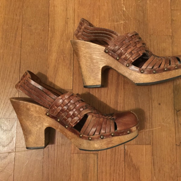vintage 80s mia hand gevlochten leer platform sling terug huaraches houten hoge hak klomp hippie sandalen