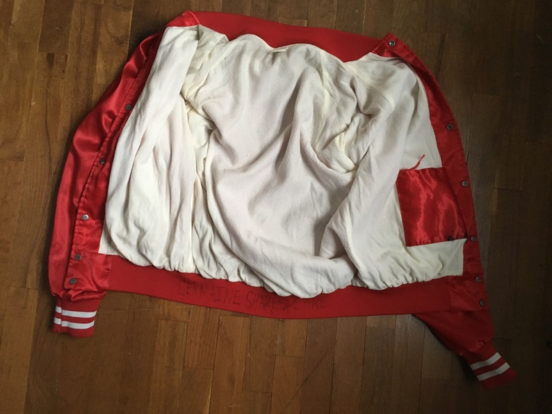 vintage 80s 1988 vince bell art chemawa school raglan red satin bomber jacket